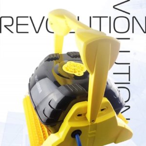Yellow robotic pool cleaner against a white background.